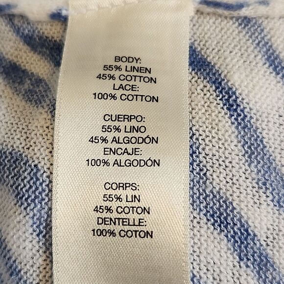 Chico's Linen Blend Cardigan Sweater, Blue & White Zebra Print, Lace Panels, 12 - Picture 6 of 9